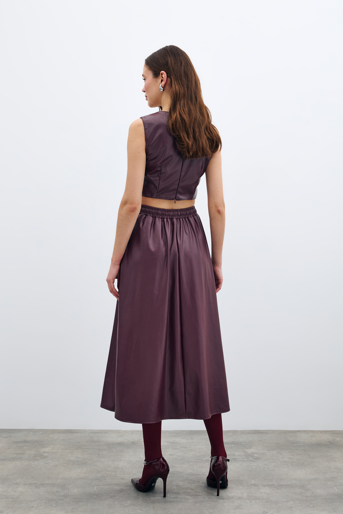 Bel Lastikli Deri Etek - Bordo