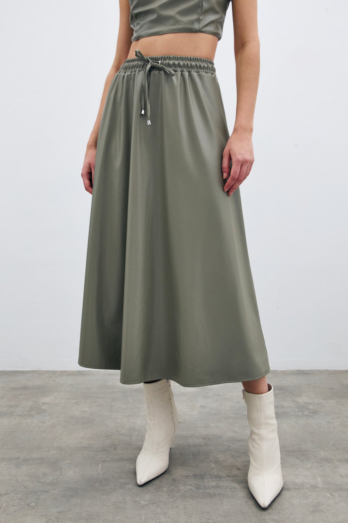 Bel Lastikli Deri Etek - Çağla Yeşili