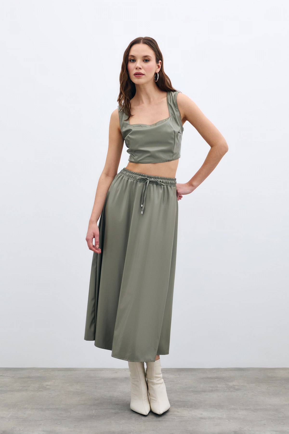 Bel Lastikli Deri Etek - Çağla Yeşili
