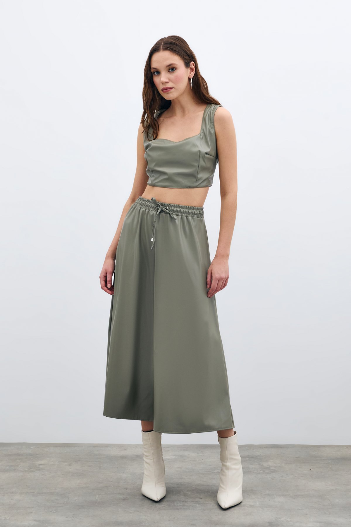 Bel Lastikli Deri Etek - Çağla Yeşili