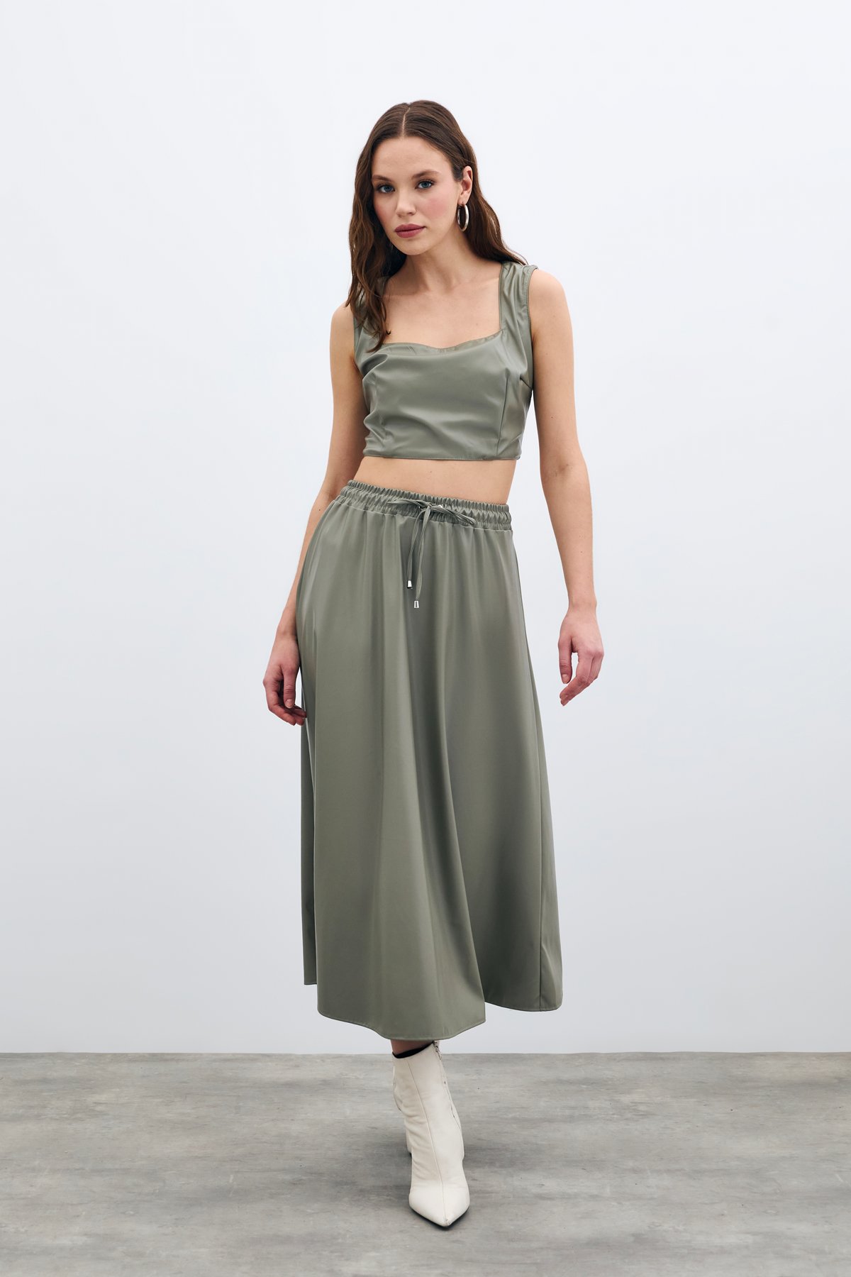 Bel Lastikli Deri Etek - Çağla Yeşili