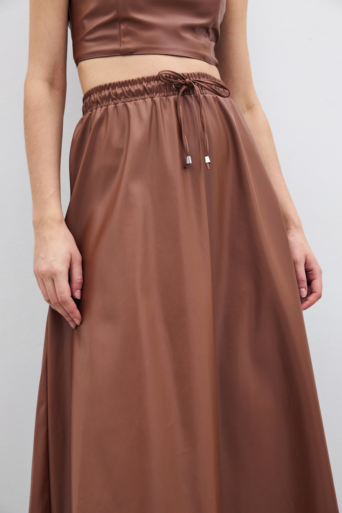 Bel Lastikli Deri Etek - Kahve