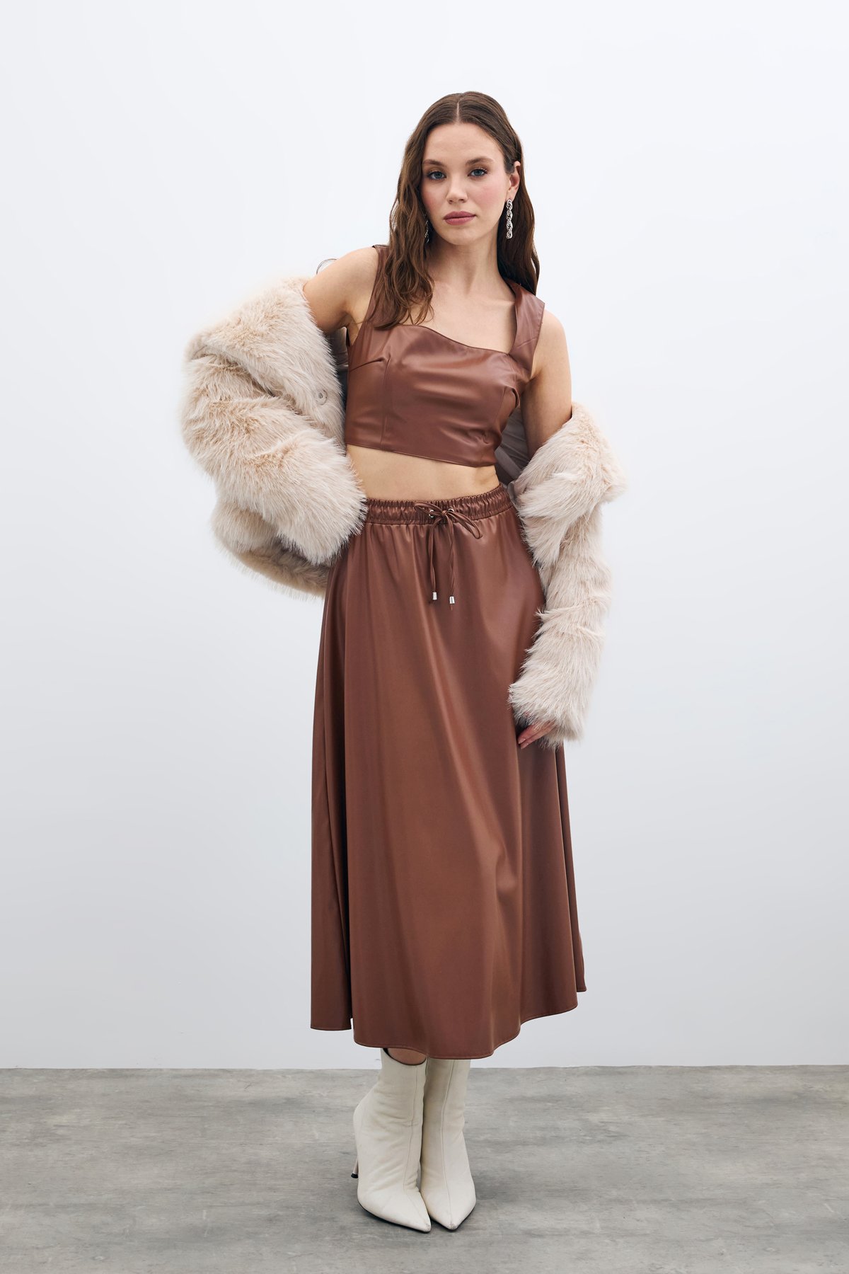 Bel Lastikli Deri Etek - Kahve
