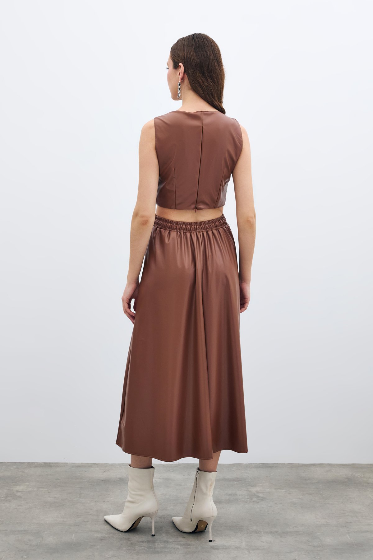 Bel Lastikli Deri Etek - Kahve