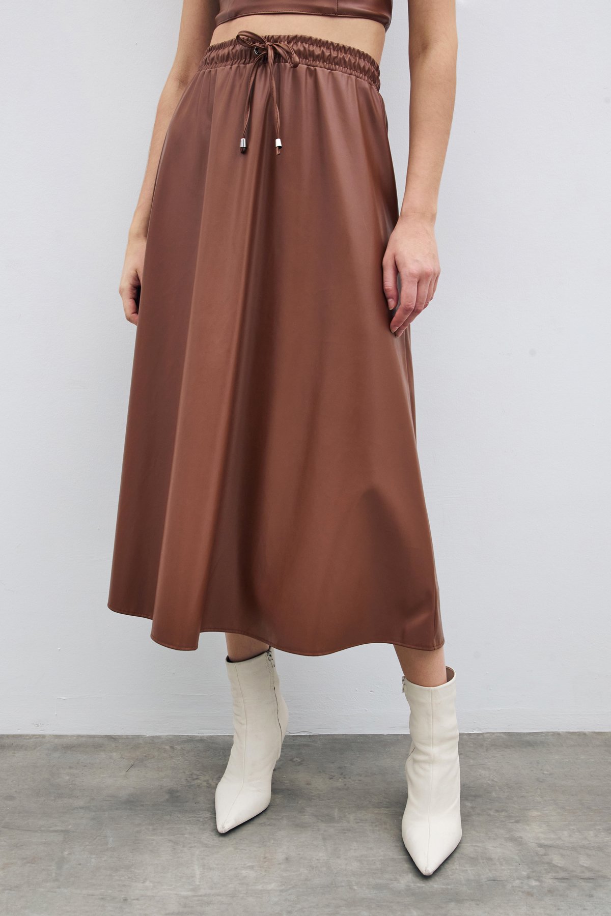 Bel Lastikli Deri Etek - Kahve