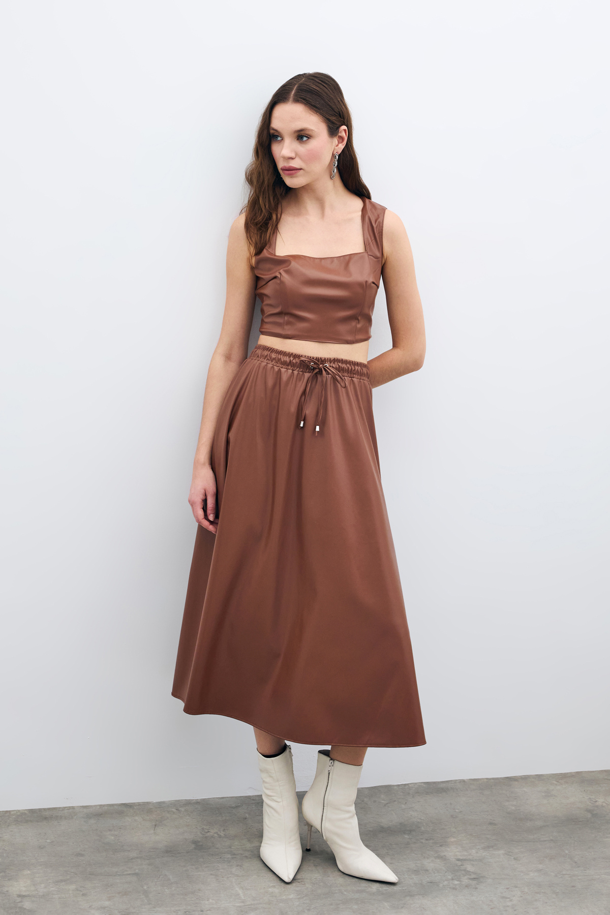 Bel Lastikli Deri Etek - Kahve