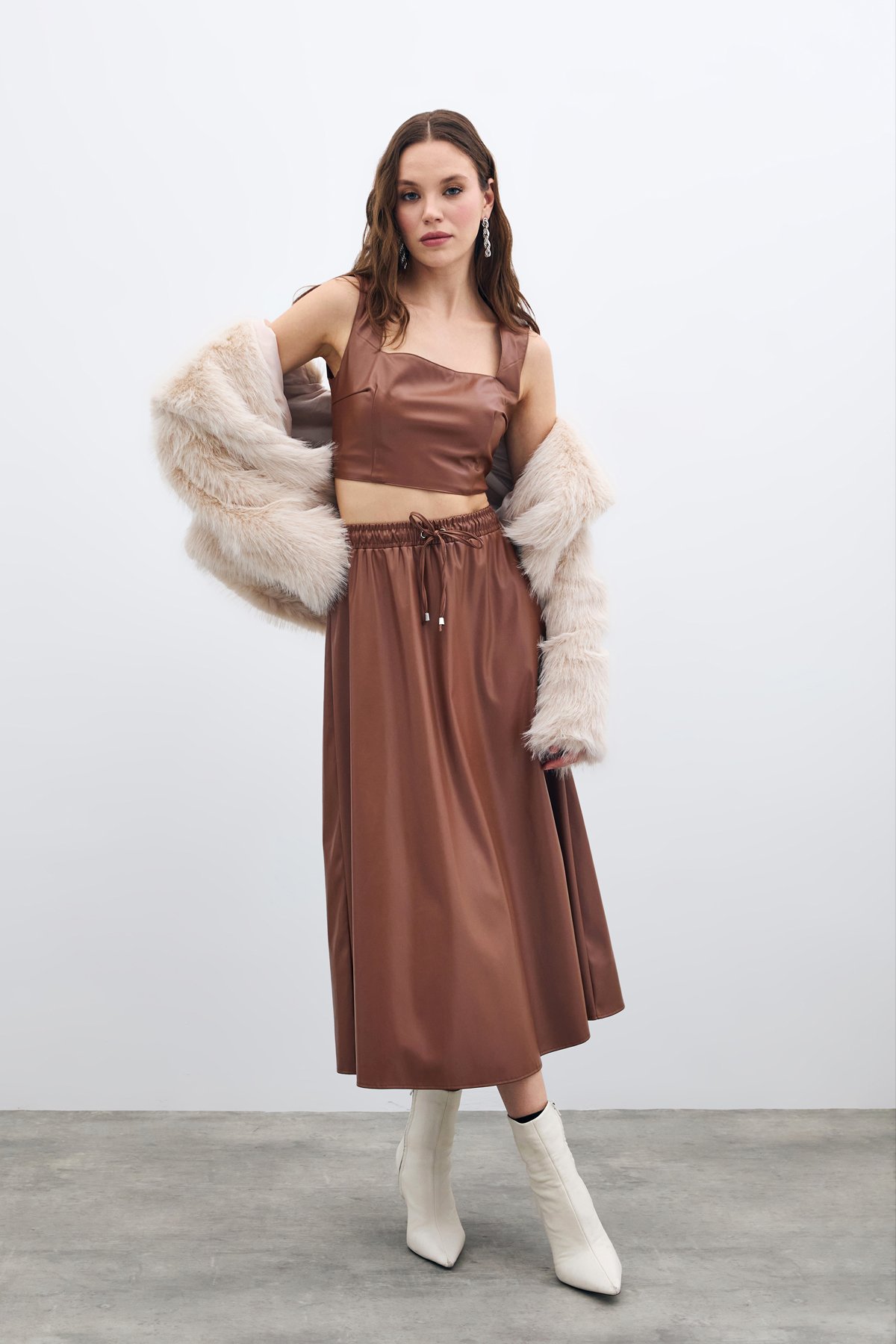 Bel Lastikli Deri Etek - Kahve