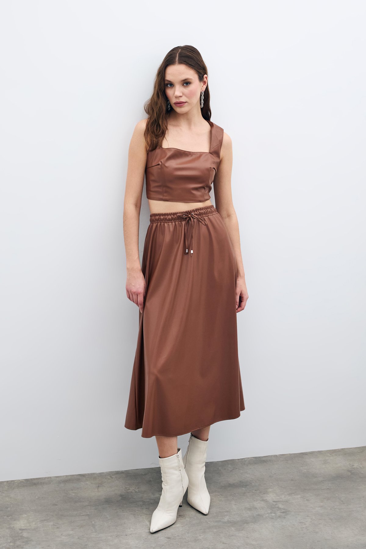Bel Lastikli Deri Etek - Kahve