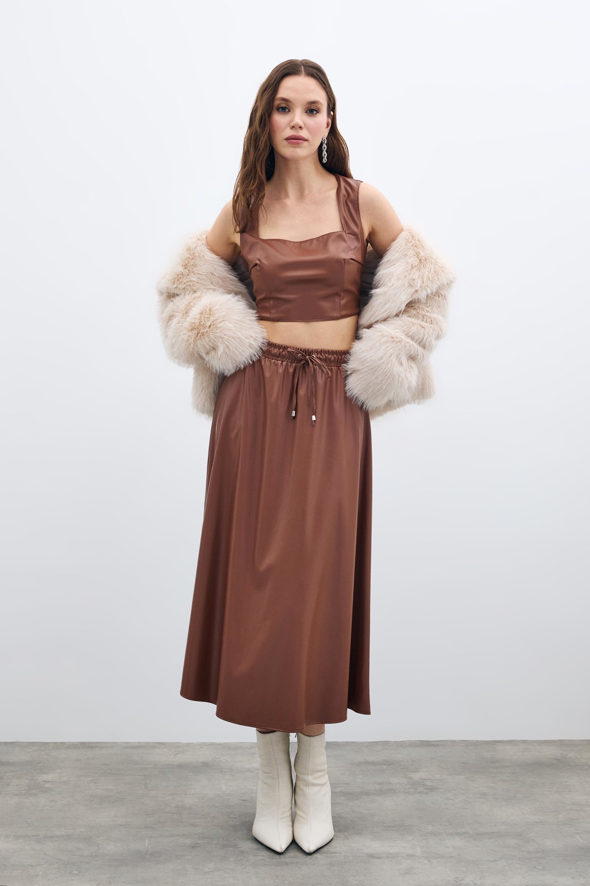 Bel Lastikli Deri Etek - Kahve