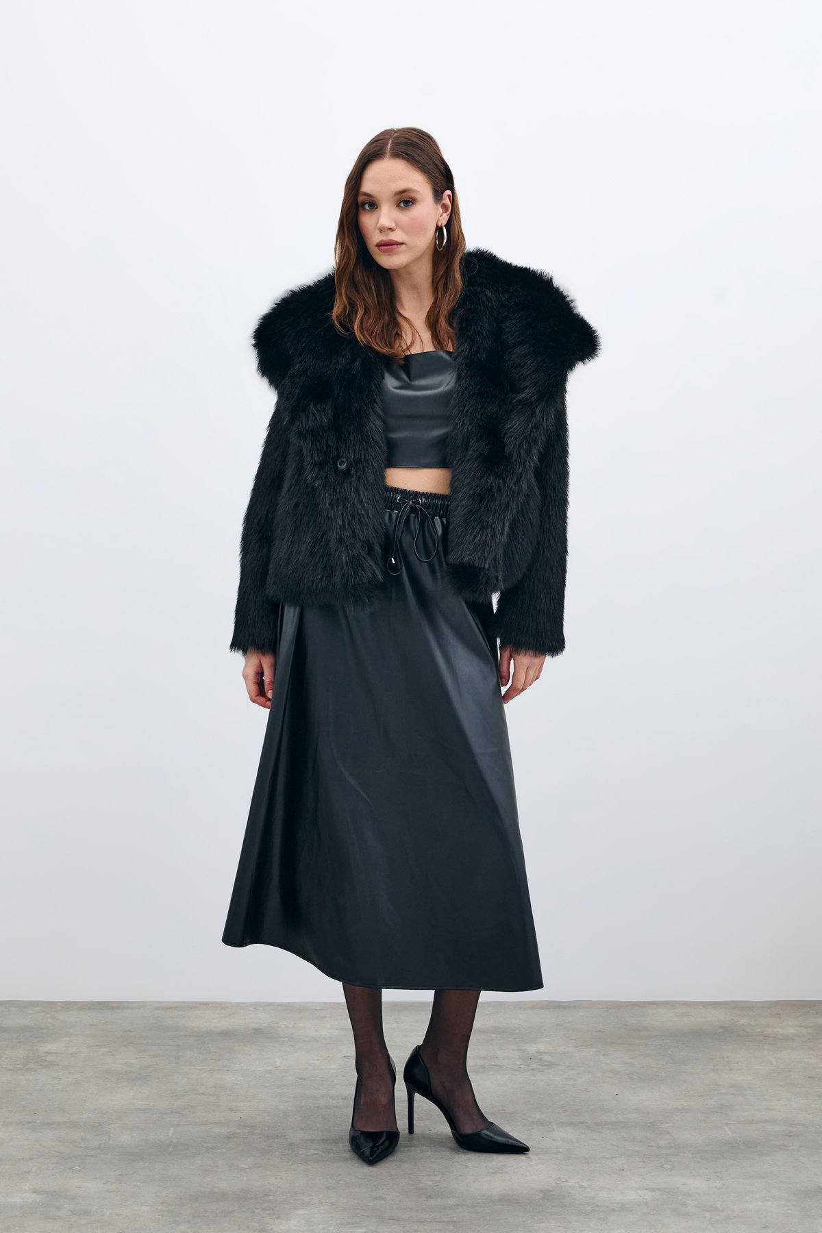 Bel Lastikli Deri Etek - Siyah