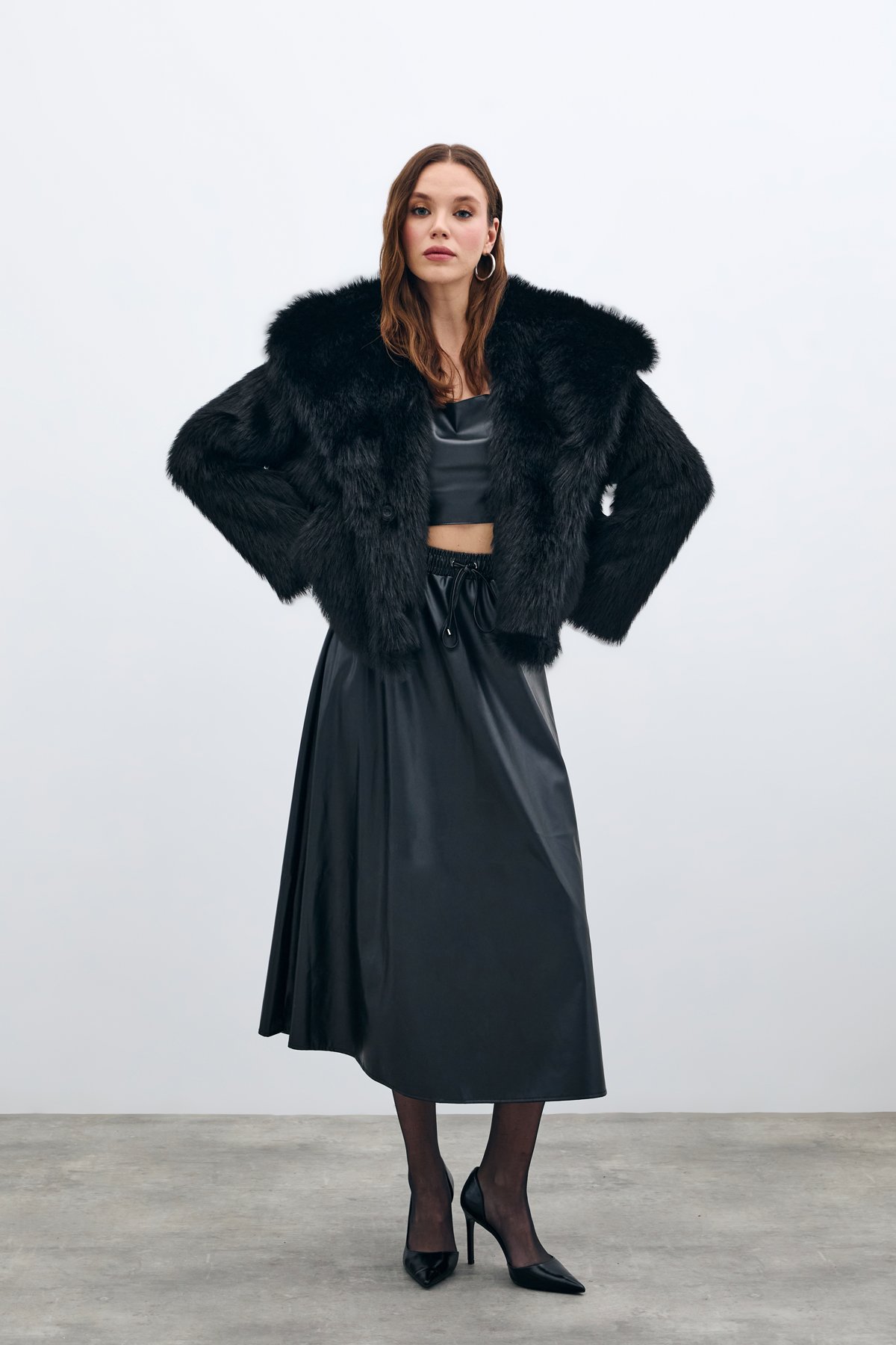 Bel Lastikli Deri Etek - Siyah