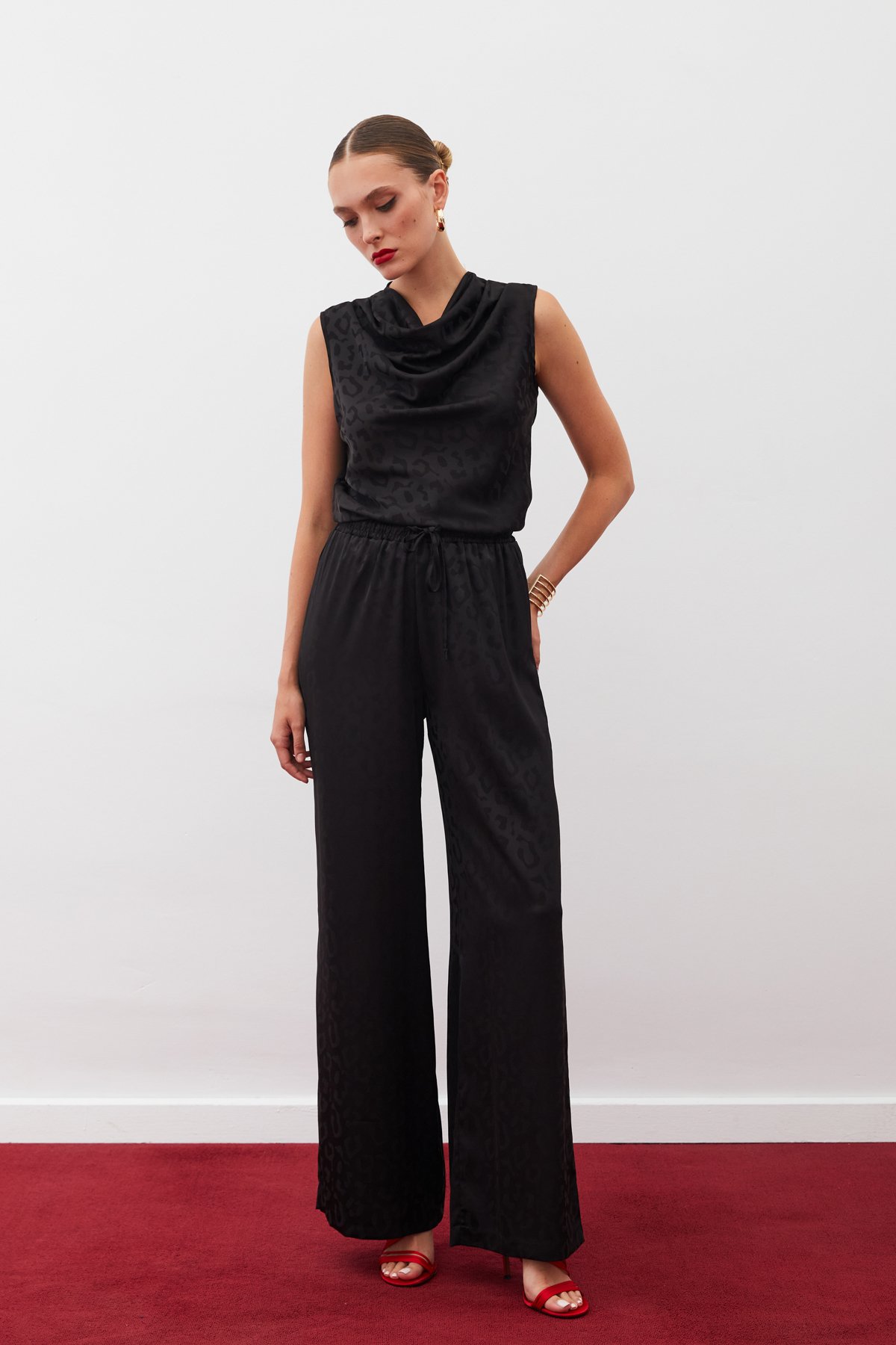 Patterned Trousers with Elastic Waistband - BLACK