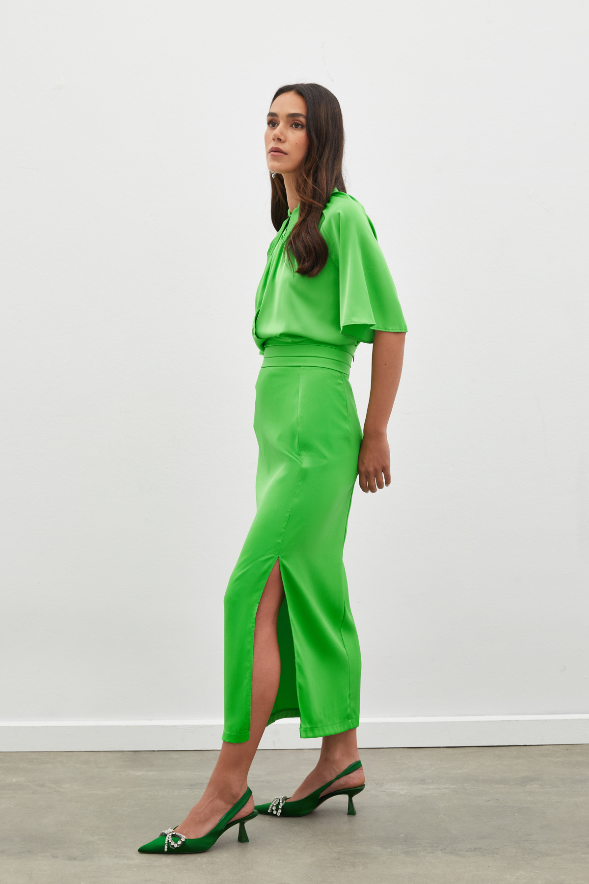 Bel Pile Detaylı Saten Etek - AÇIK YEŞİL