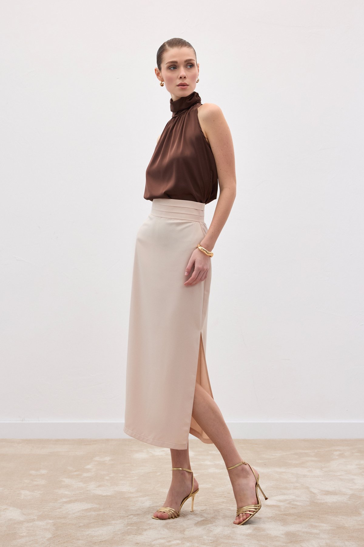 Bel Pile Detaylı Saten Etek - Bej