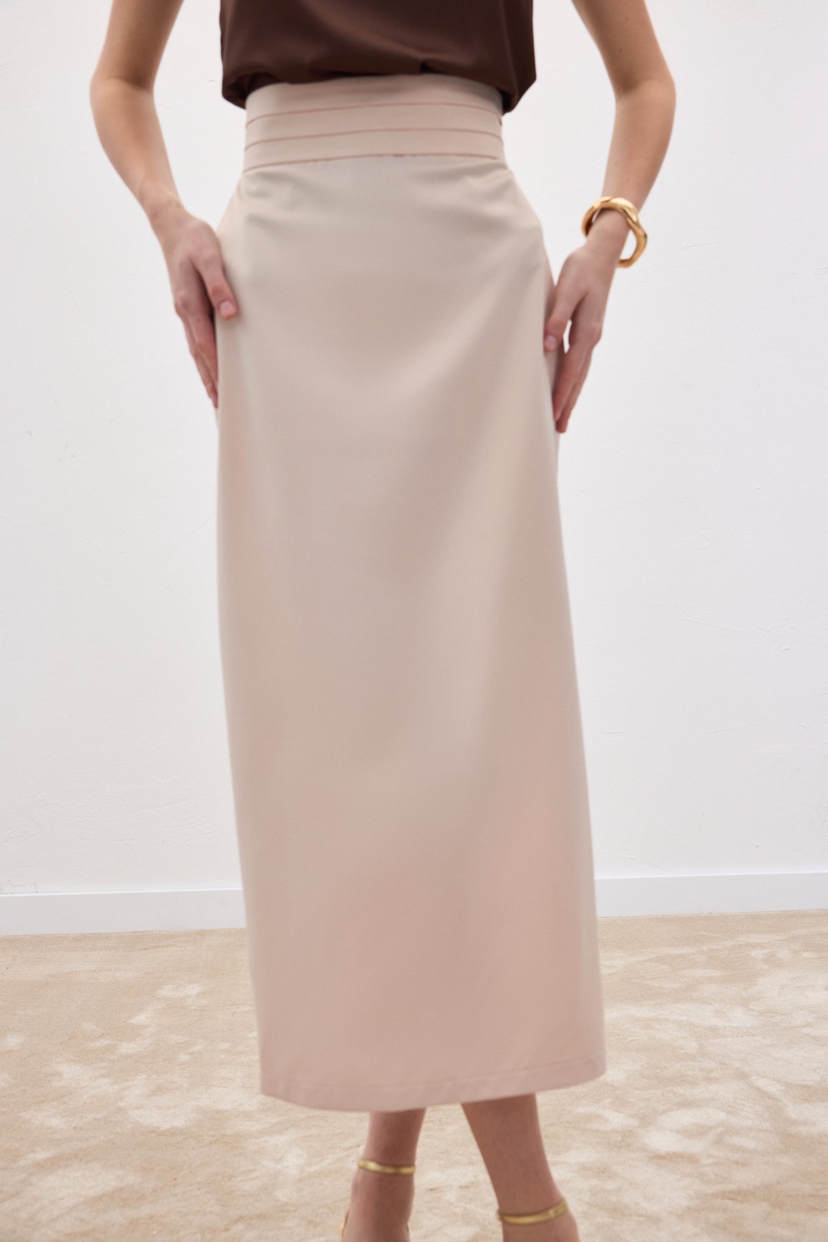 Bel Pile Detaylı Saten Etek - Bej