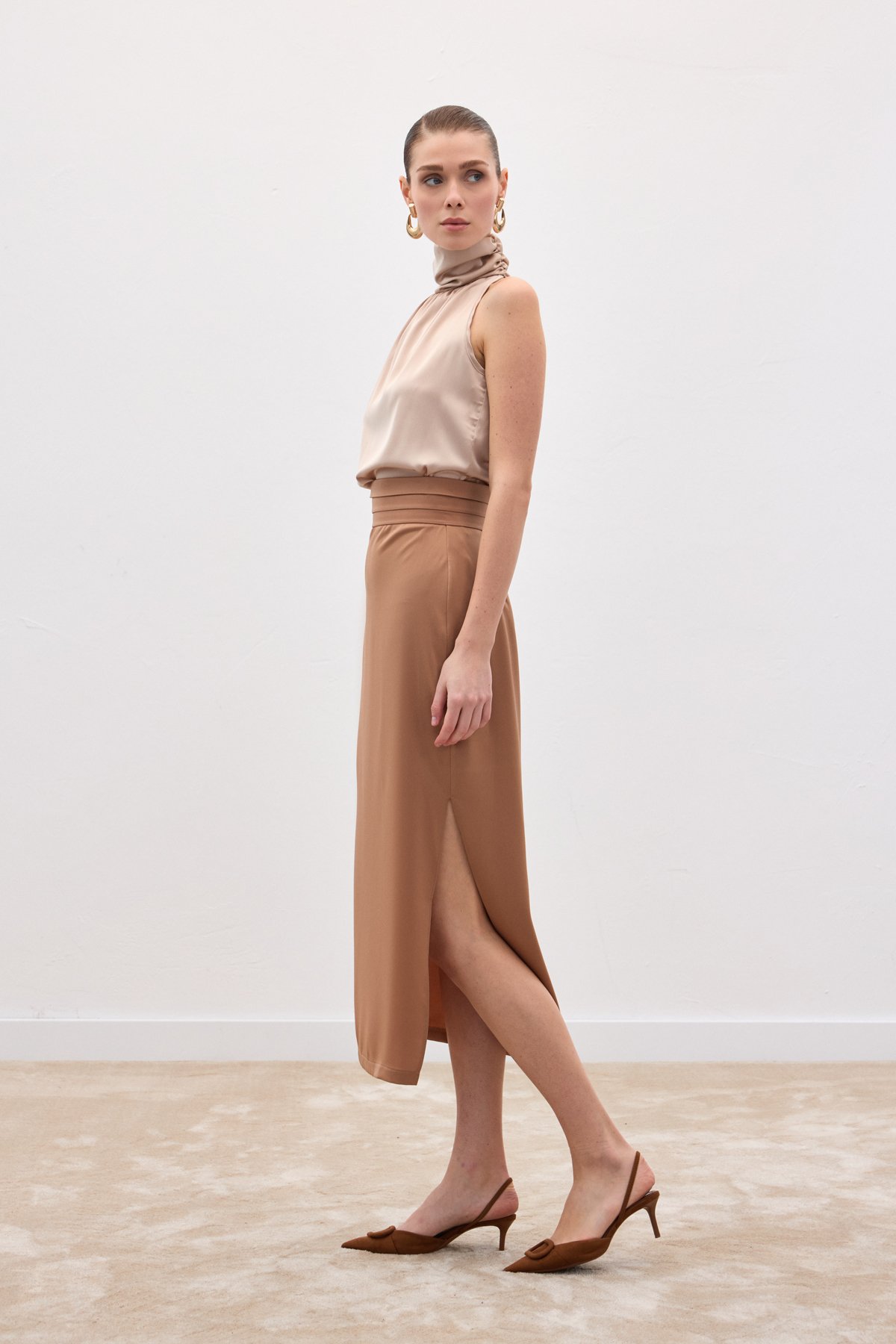 Bel Pile Detaylı Saten Etek - Camel