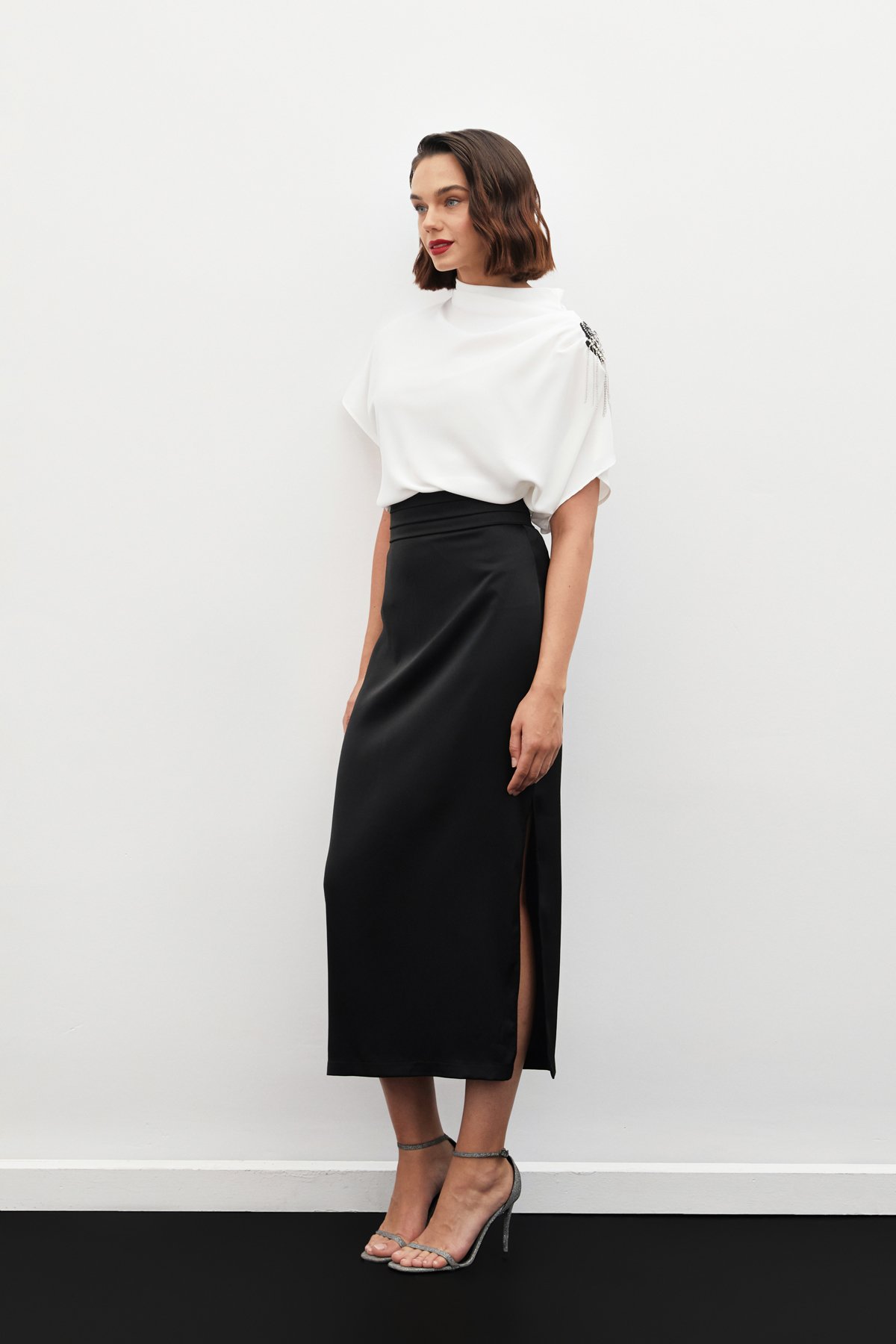 Waist Pleat Detailed Satin Skirt - BLACK