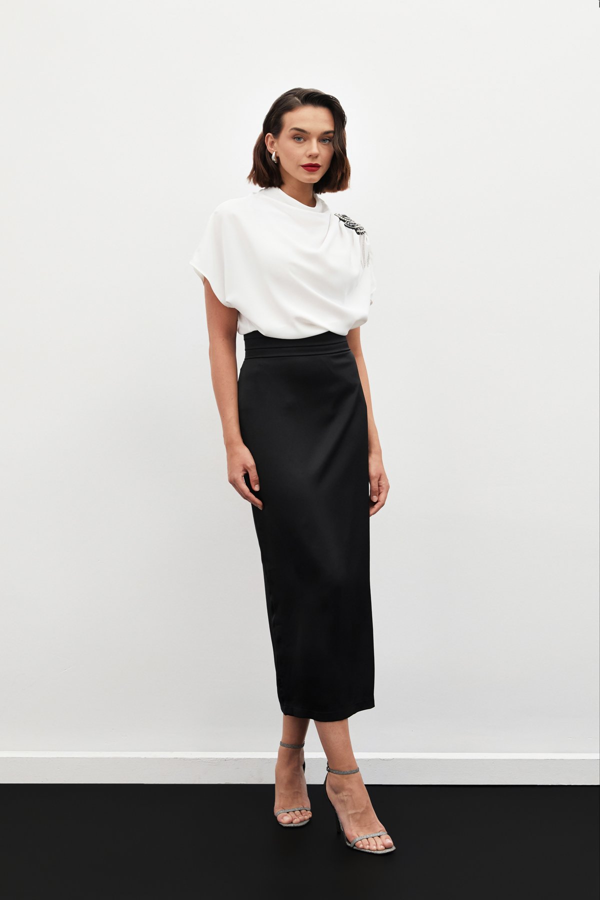 Waist Pleat Detailed Satin Skirt - BLACK