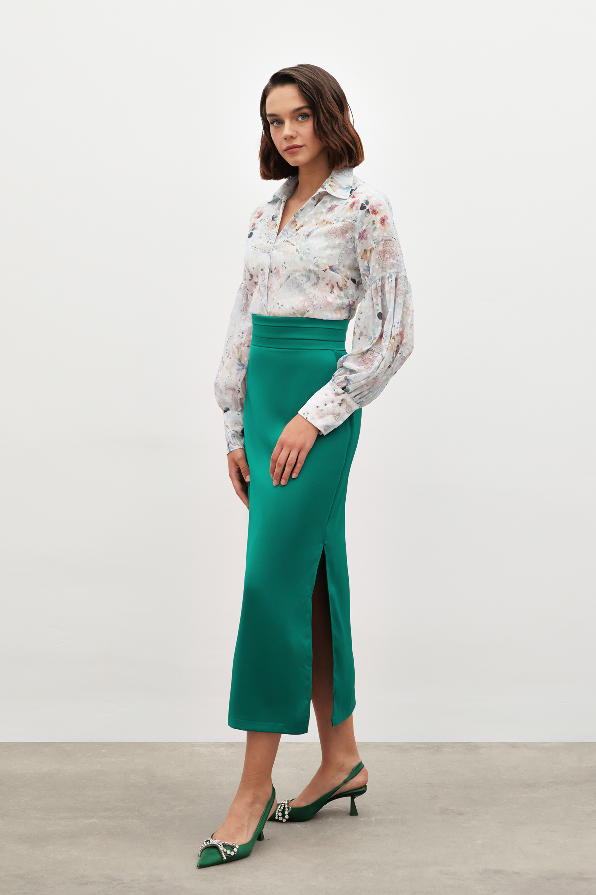 Bel Pile Detaylı Saten Etek - ZÜMRÜT