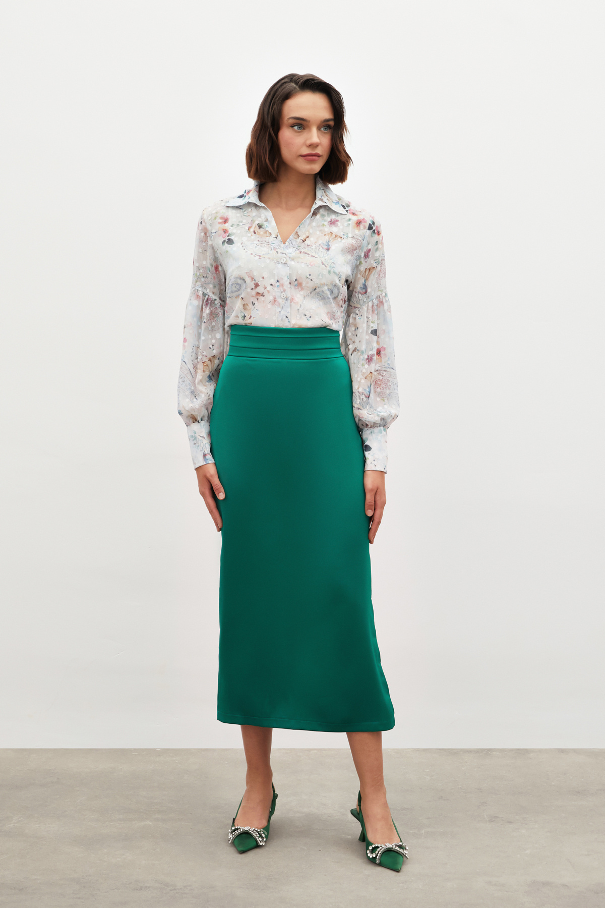 Bel Pile Detaylı Saten Etek - ZÜMRÜT