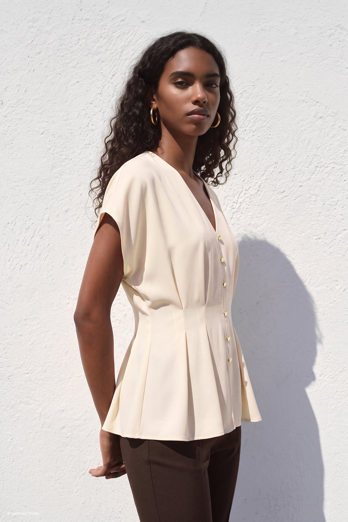 Waist-Defining Short Sleeve Blouse - Beıge