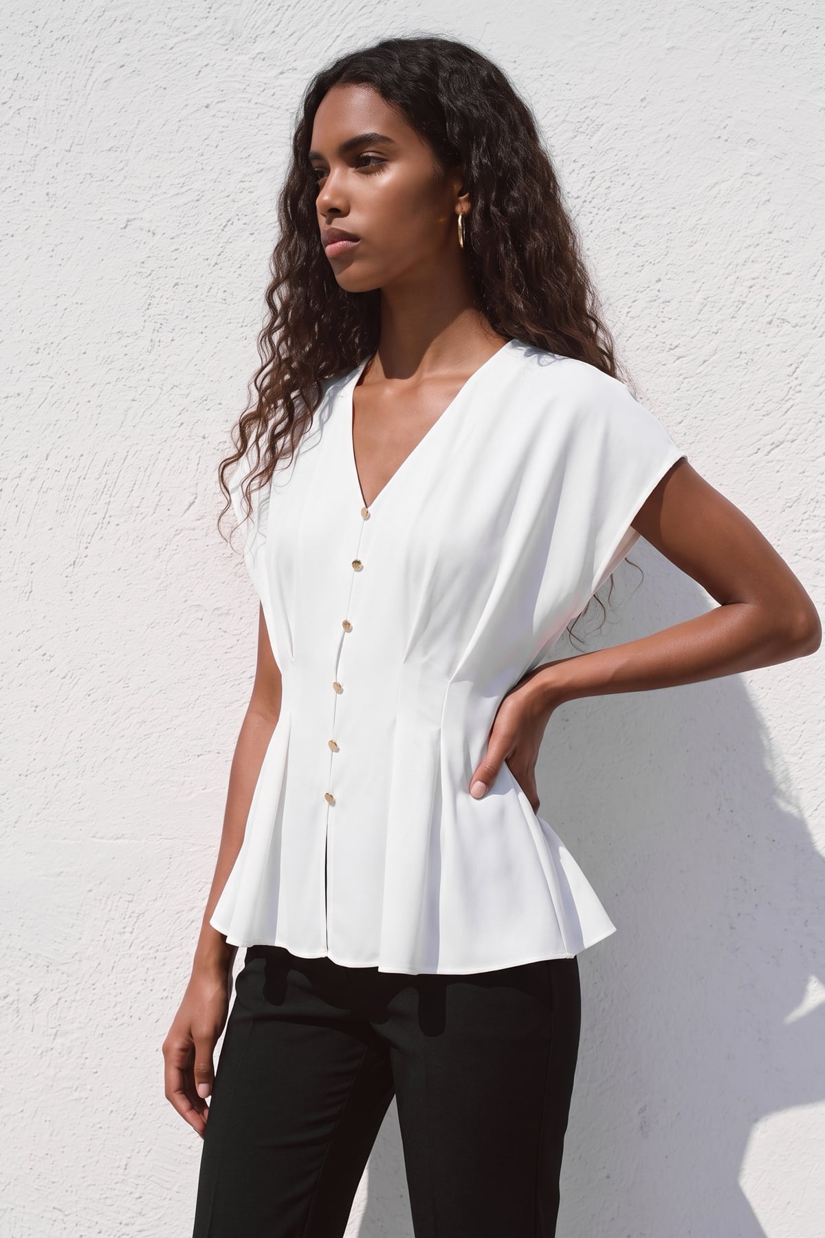 Waist-Defining Short Sleeve Blouse - Ecru