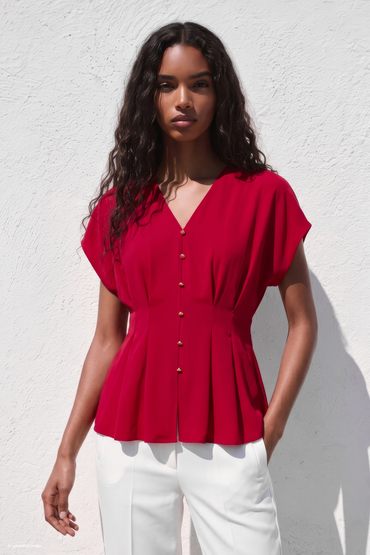 Waist-Defining Short Sleeve Blouse - Red