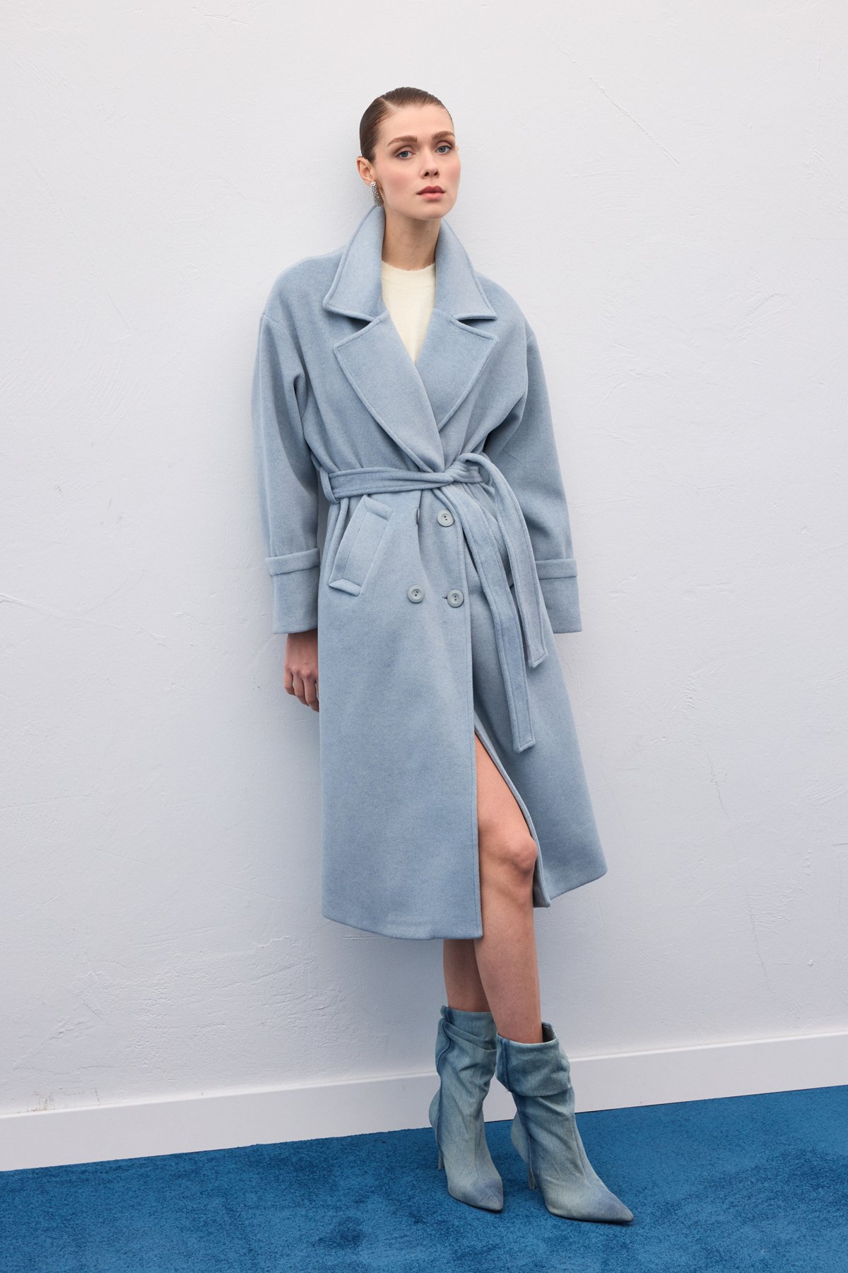 Beli Bağlamalı Uzun Kaban - Mavi