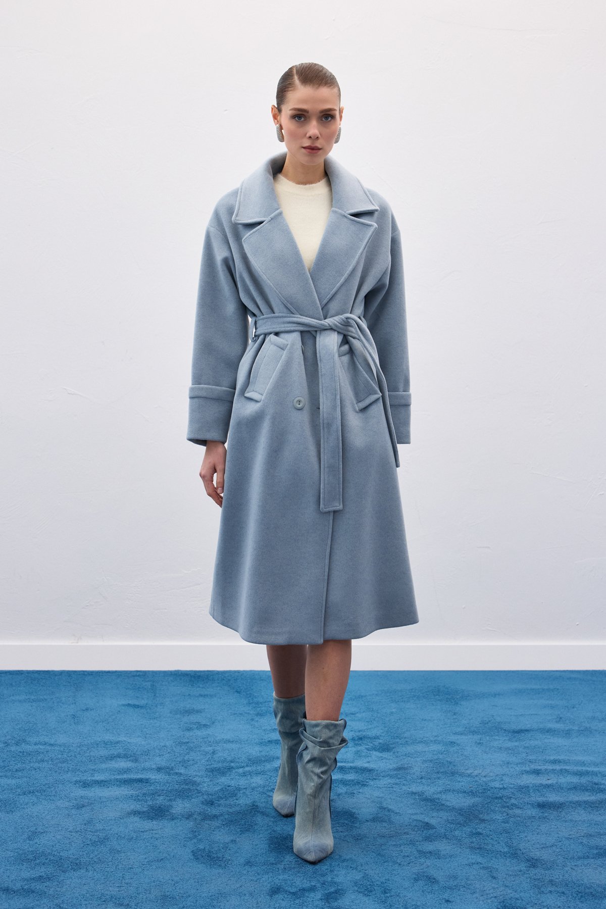 Beli Bağlamalı Uzun Kaban - Mavi