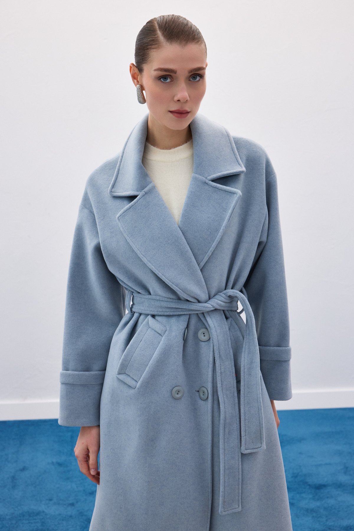 Beli Bağlamalı Uzun Kaban - Mavi