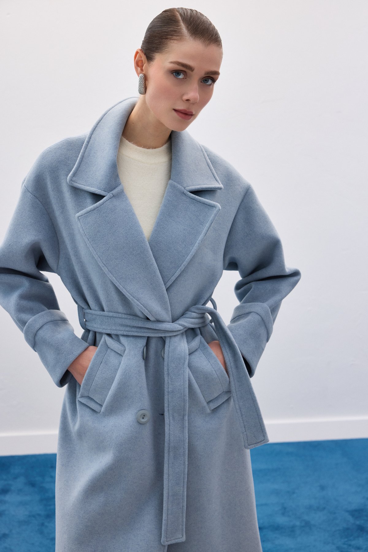 Beli Bağlamalı Uzun Kaban - Mavi