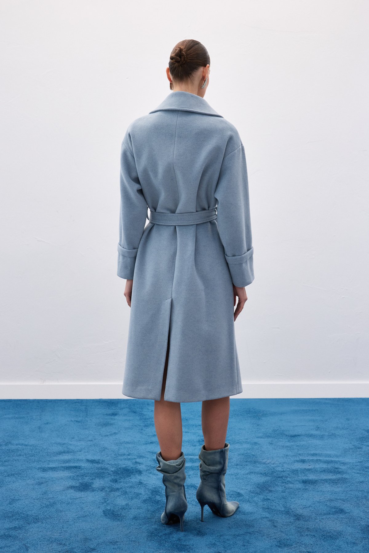 Beli Bağlamalı Uzun Kaban - Mavi