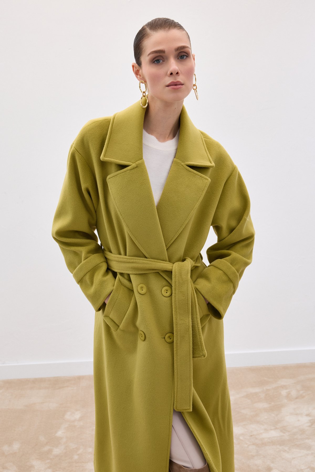 Beli Bağlamalı Uzun Kaban - Yağ Yeşili