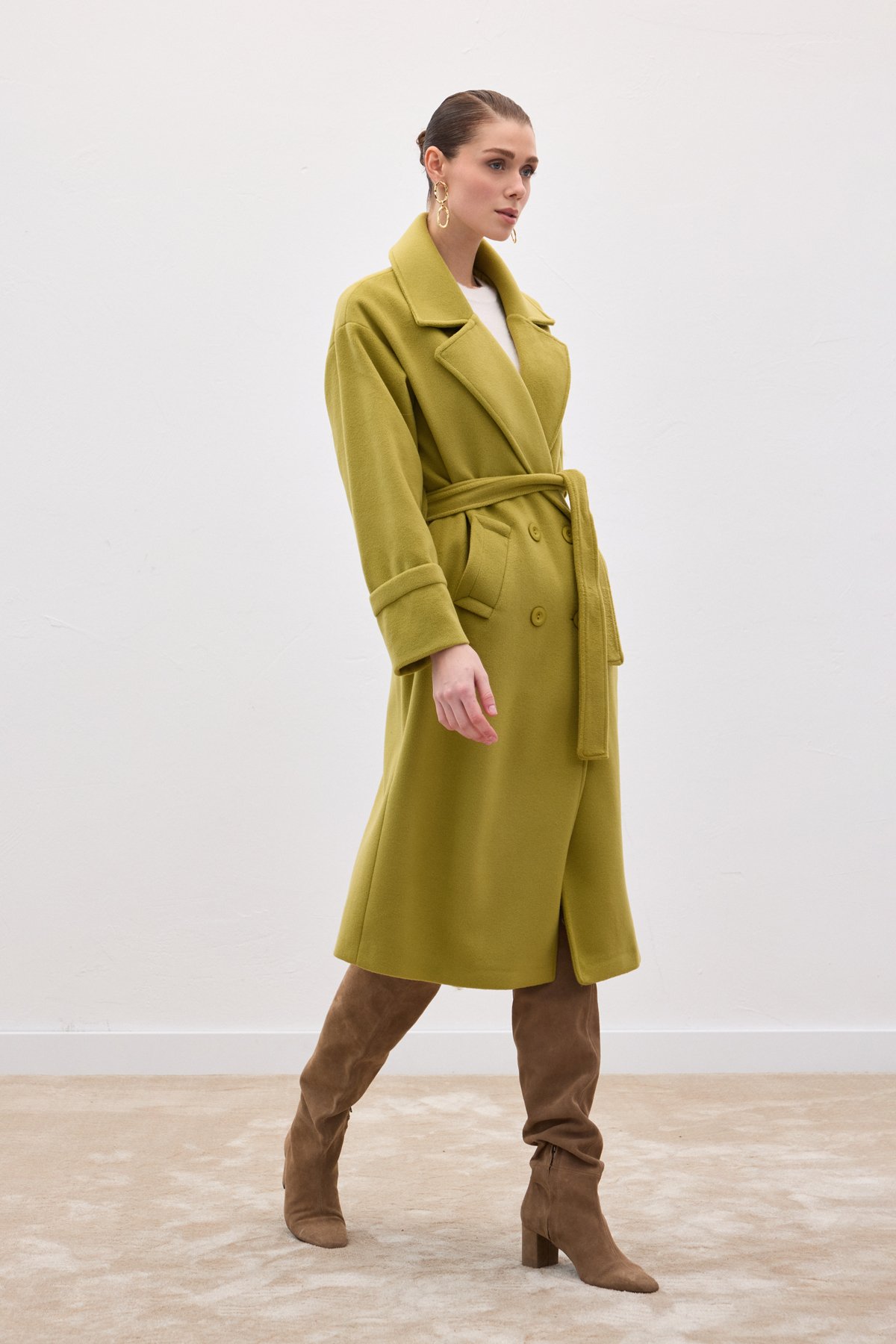 Beli Bağlamalı Uzun Kaban - Yağ Yeşili