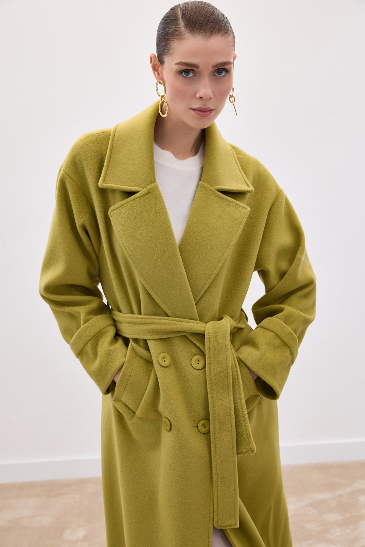 Beli Bağlamalı Uzun Kaban - Yağ Yeşili