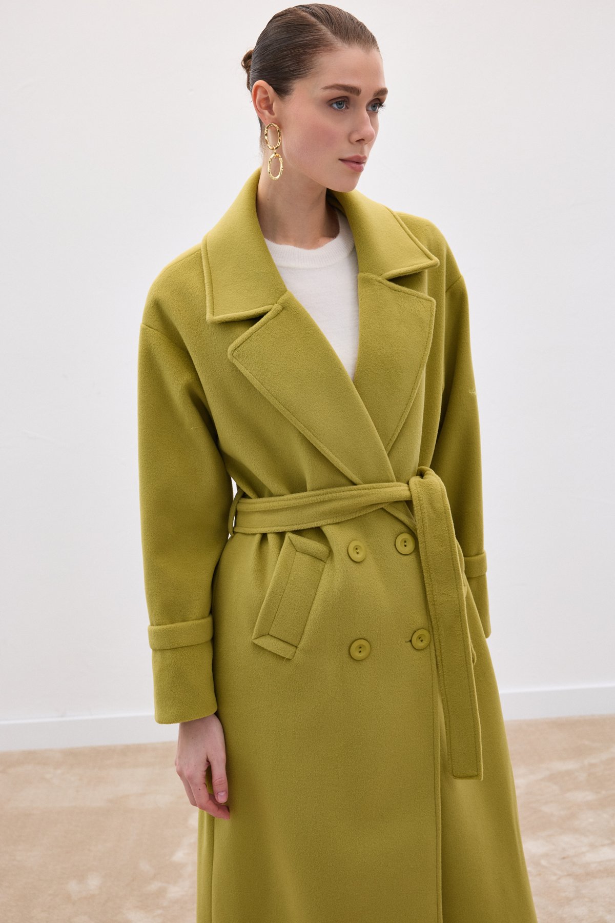 Beli Bağlamalı Uzun Kaban - Yağ Yeşili