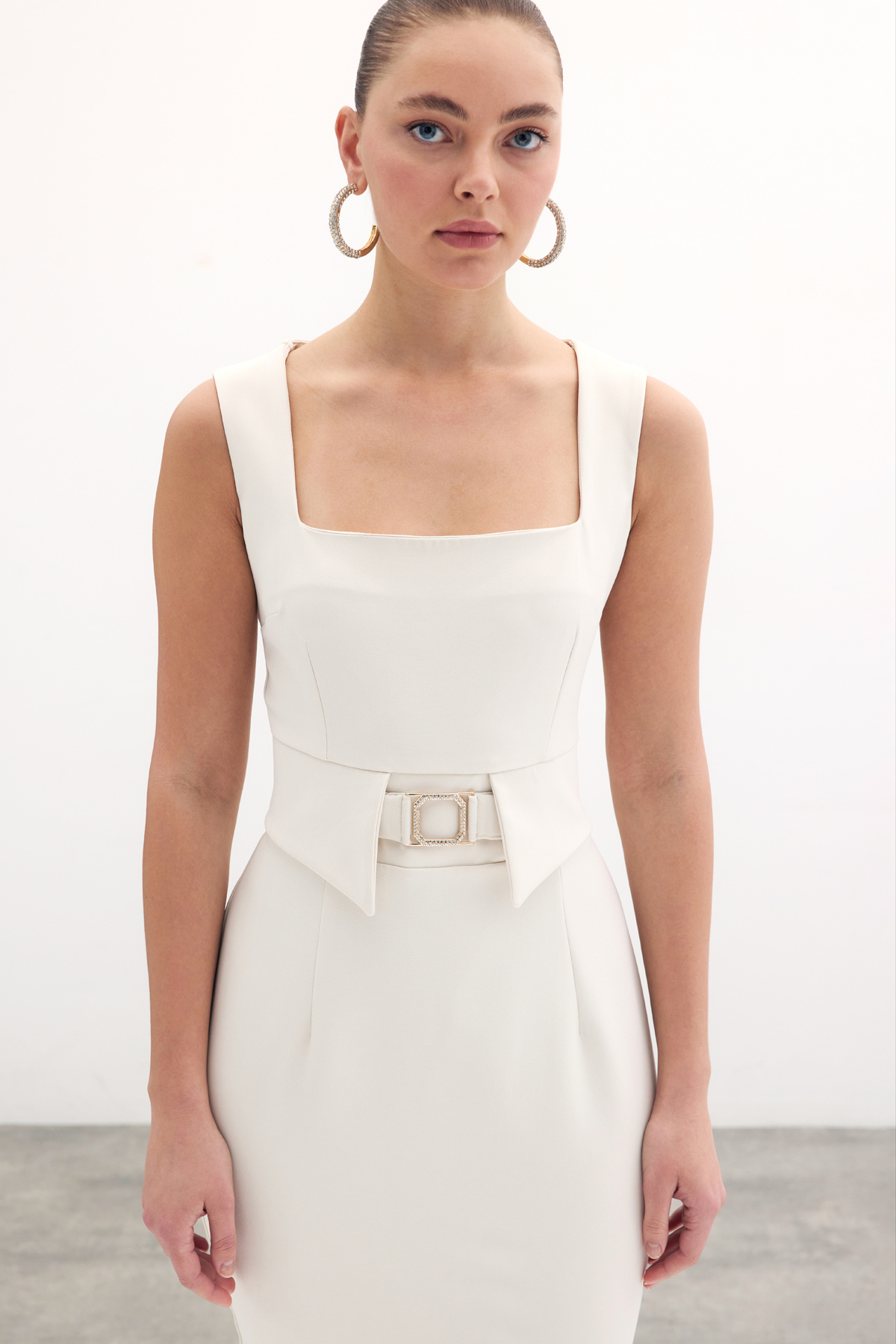 Birleşik Aksesuarlı Kalem Elbise - Taş