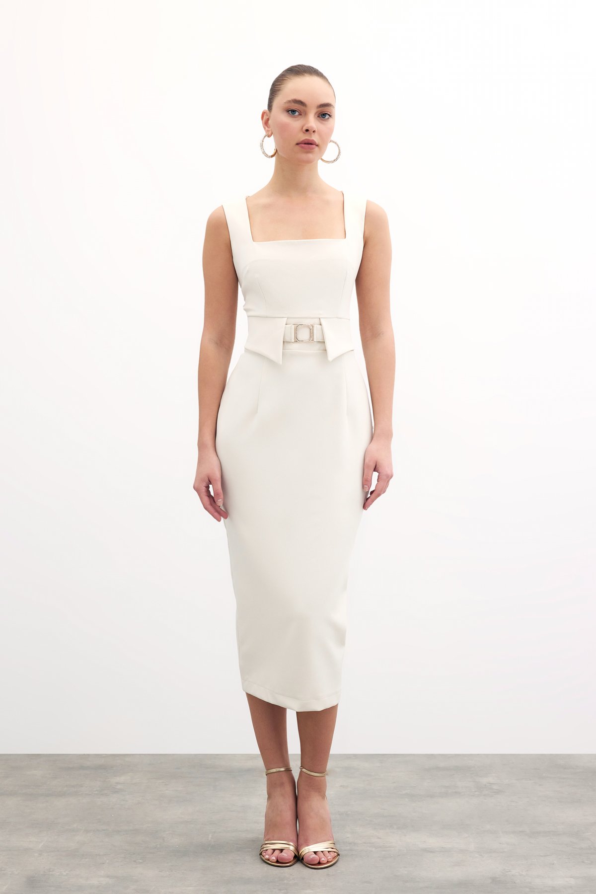 Birleşik Aksesuarlı Kalem Elbise - Taş