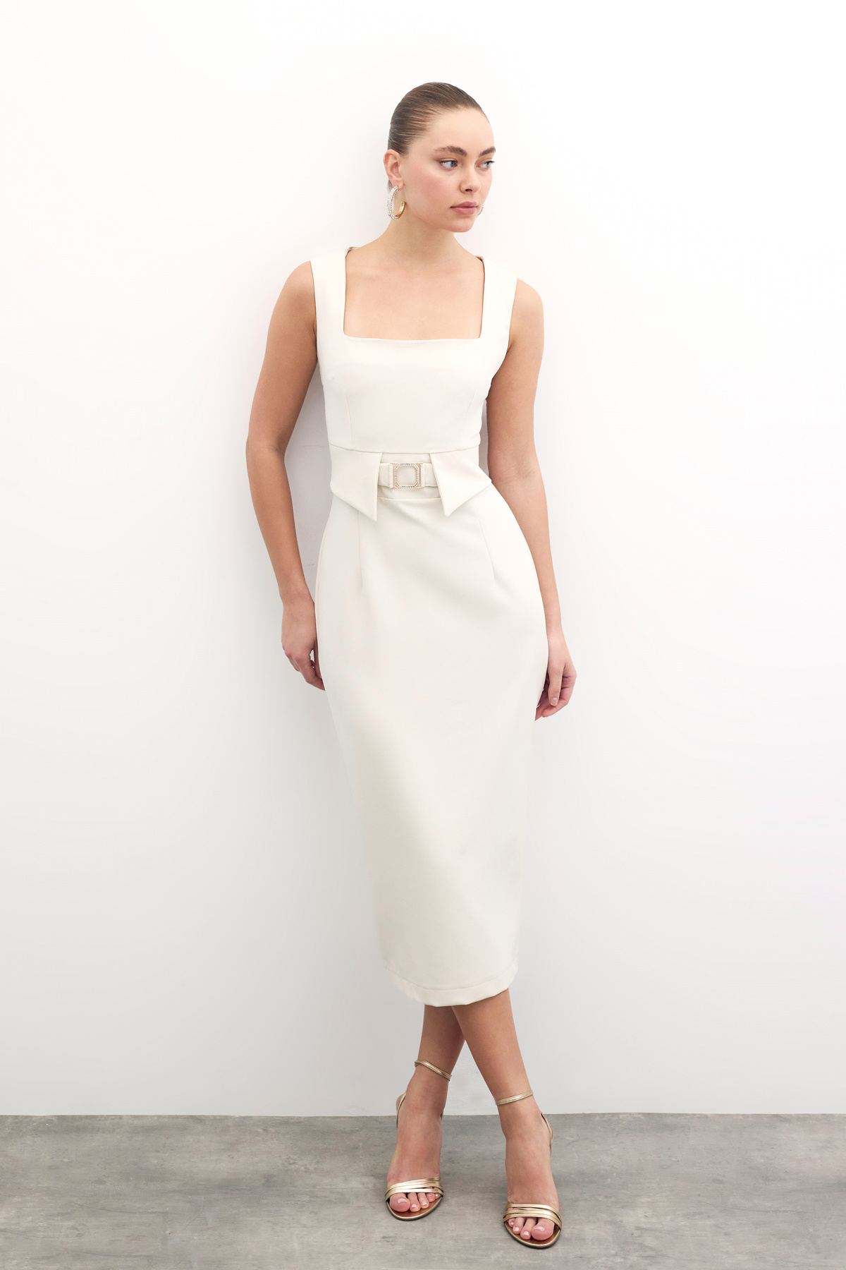 Birleşik Aksesuarlı Kalem Elbise - Taş