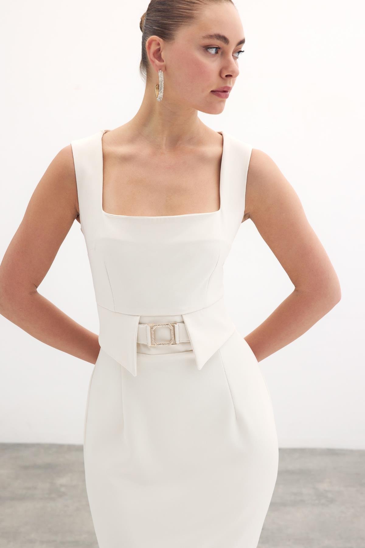 Birleşik Aksesuarlı Kalem Elbise - Taş