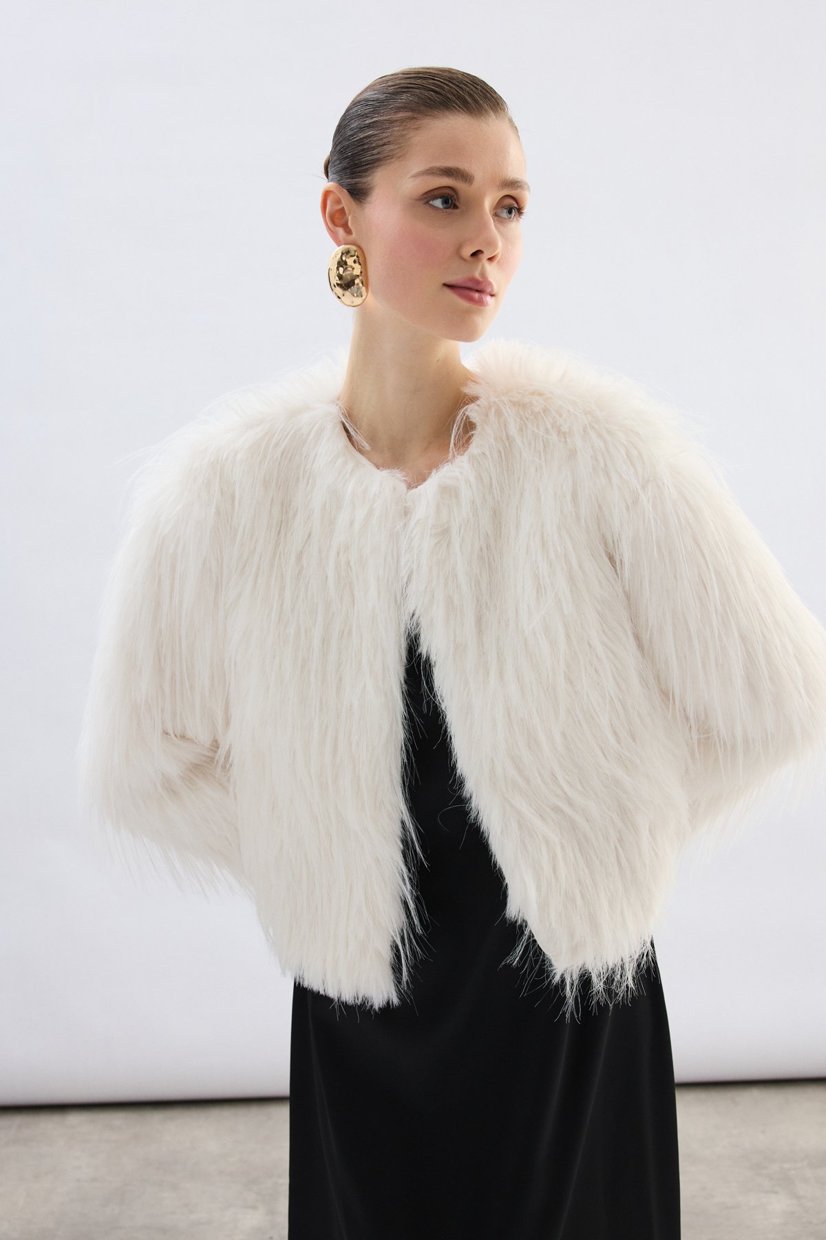 Bisiklet Yaka Suni Kürk - Ekru