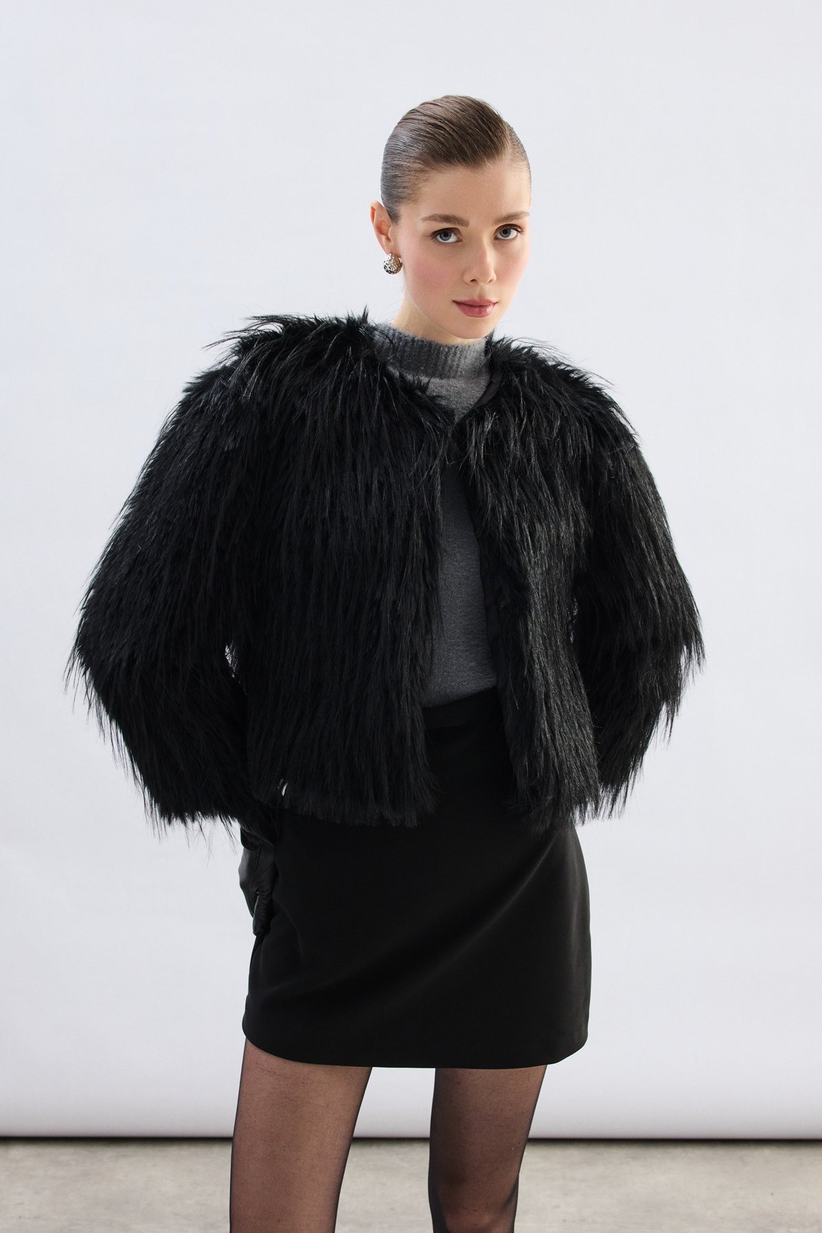 Bisiklet Yaka Suni Kürk - Siyah