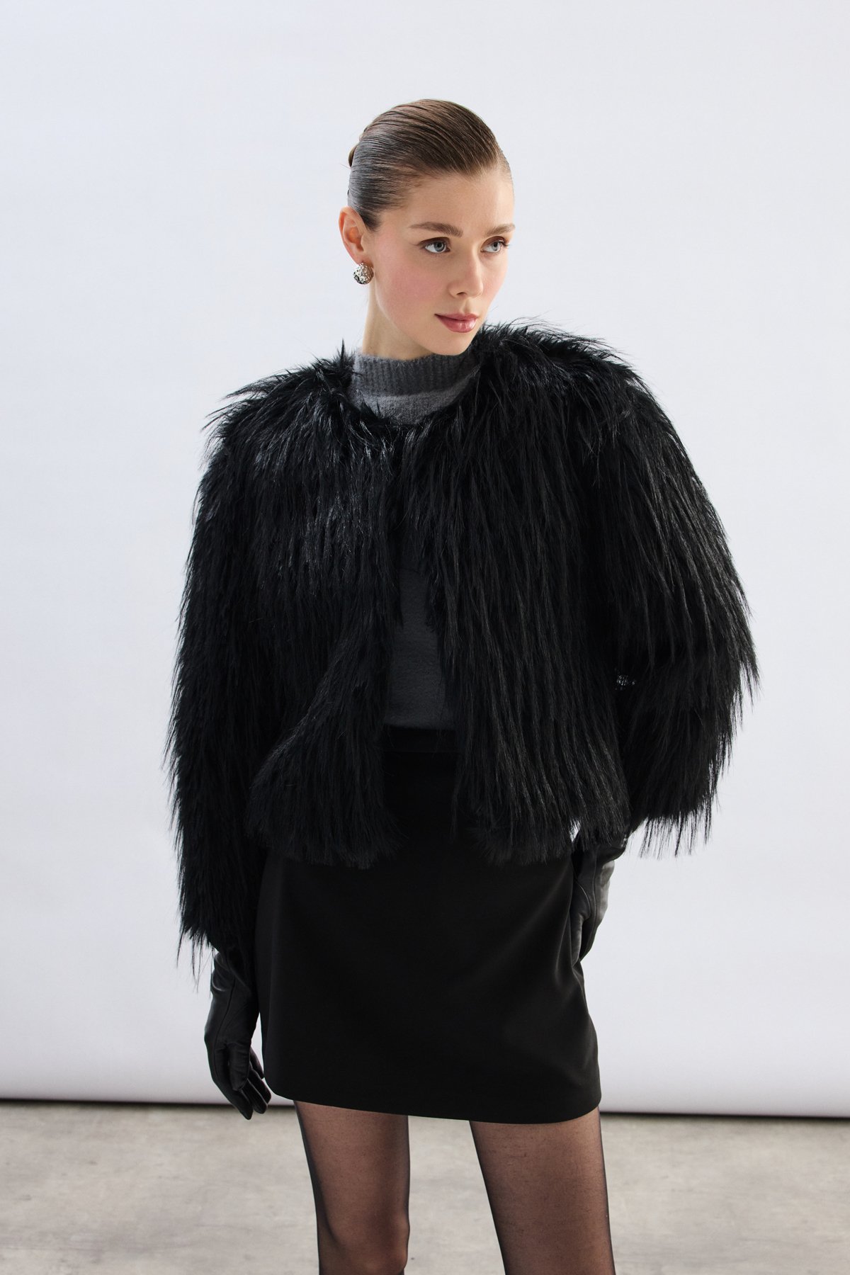 Bisiklet Yaka Suni Kürk - Siyah