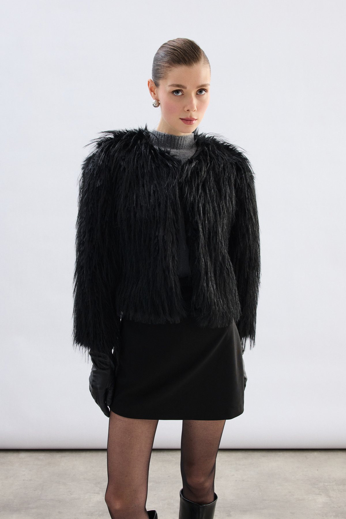 Bisiklet Yaka Suni Kürk - Siyah