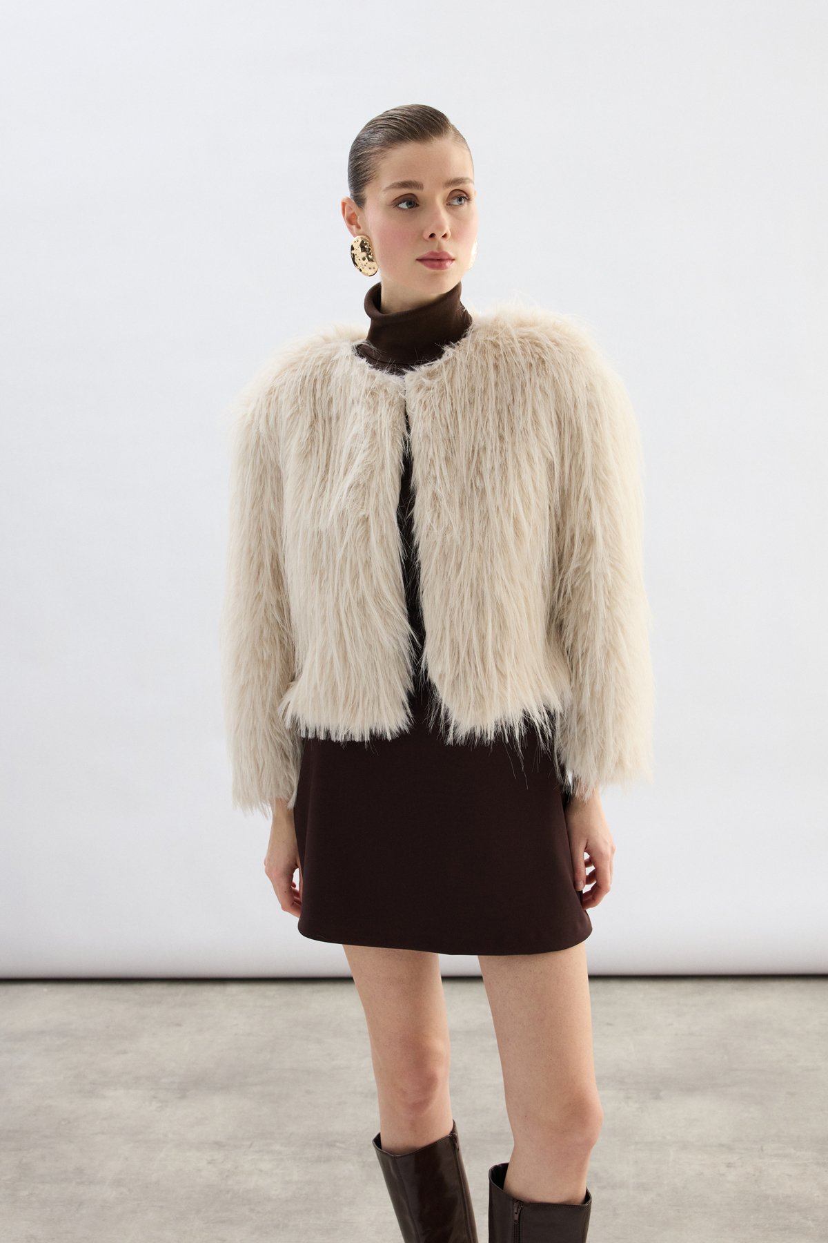 Bisiklet Yaka Suni Kürk - Taş