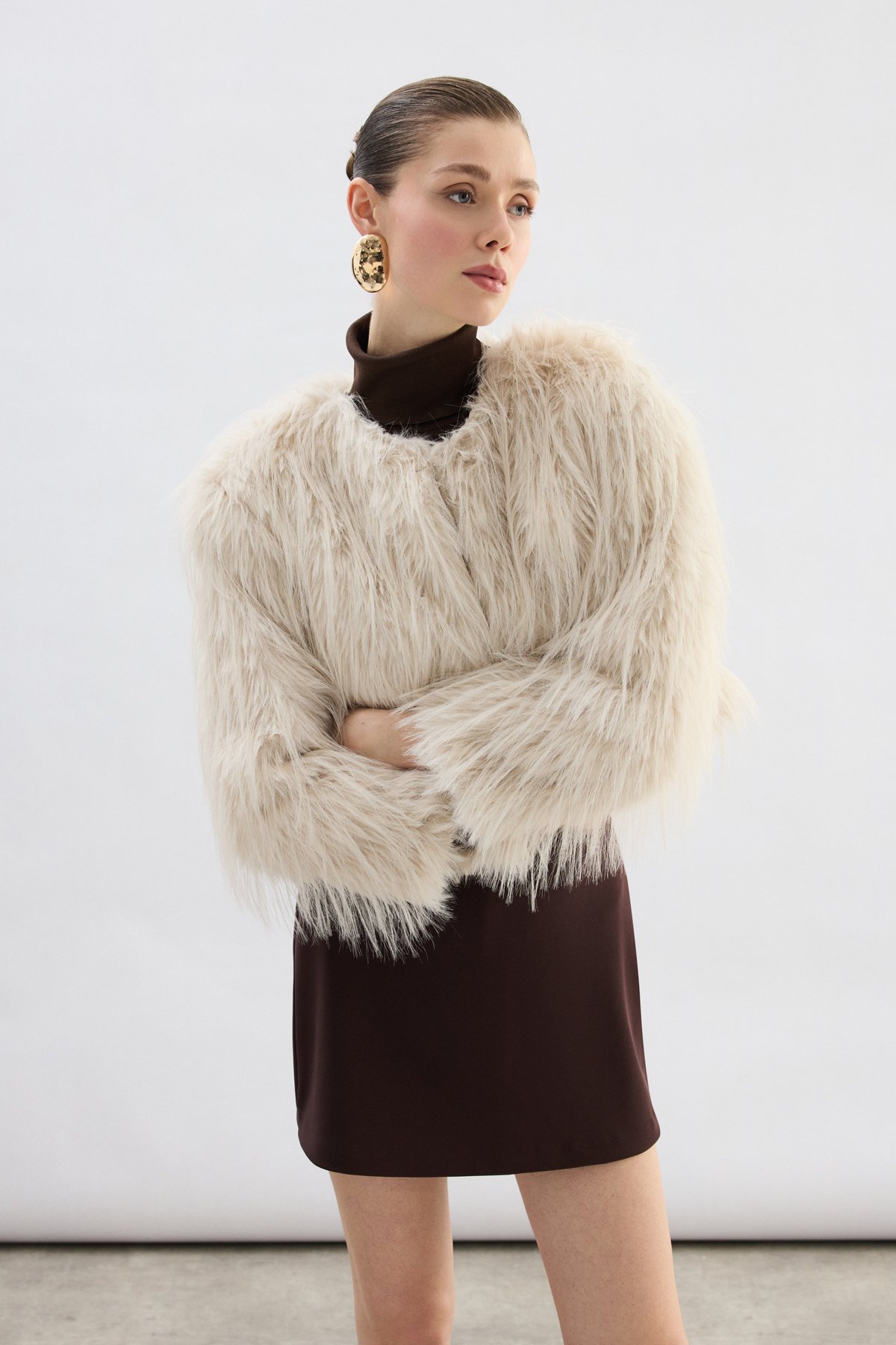 Bisiklet Yaka Suni Kürk - Taş