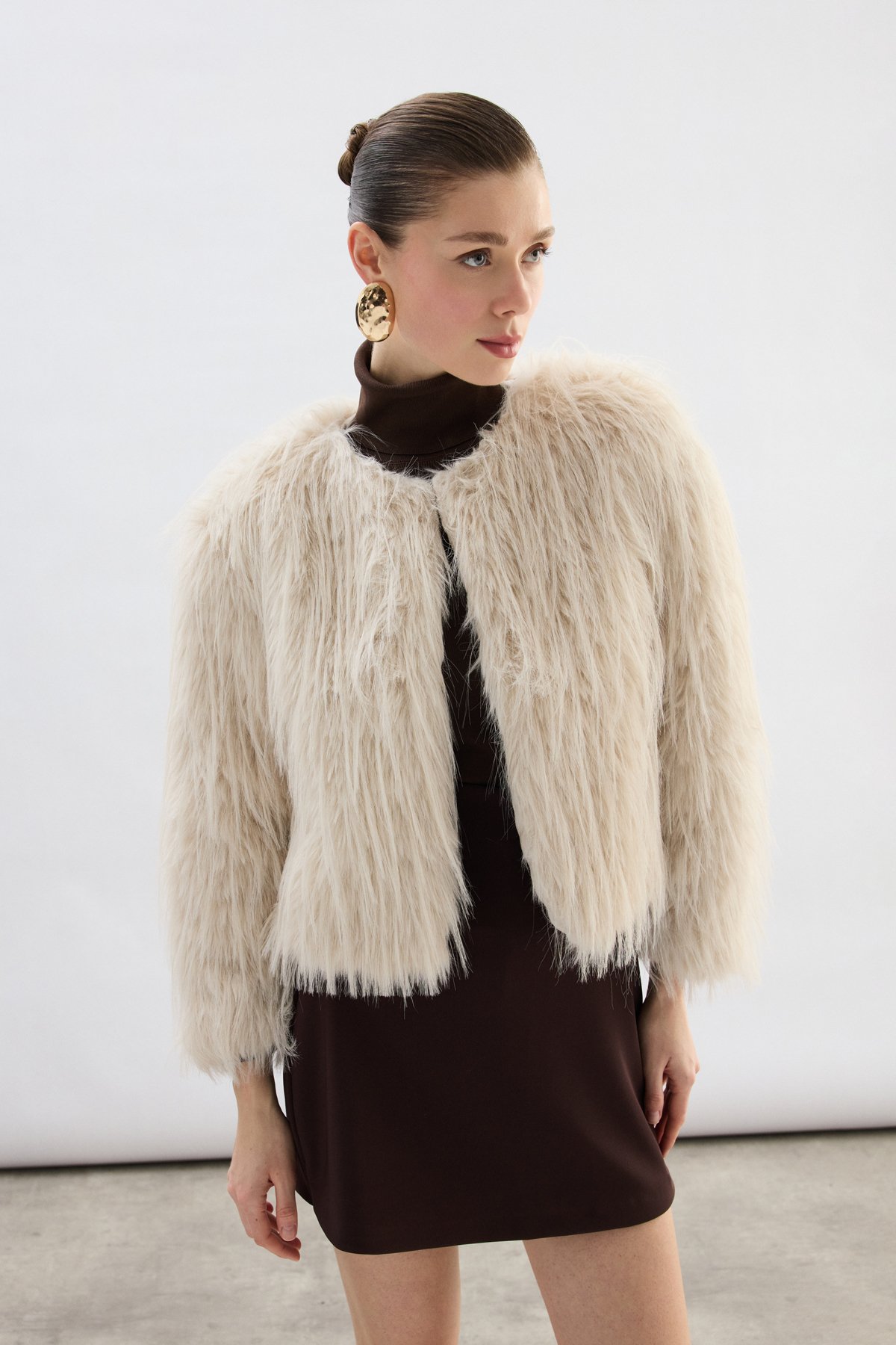 Bisiklet Yaka Suni Kürk - Taş