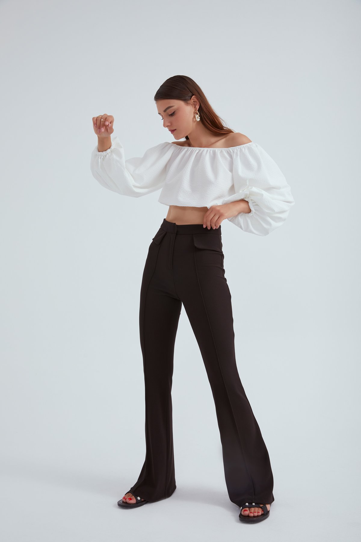 Biyeli ispanyol paça pantolon - SİYAH