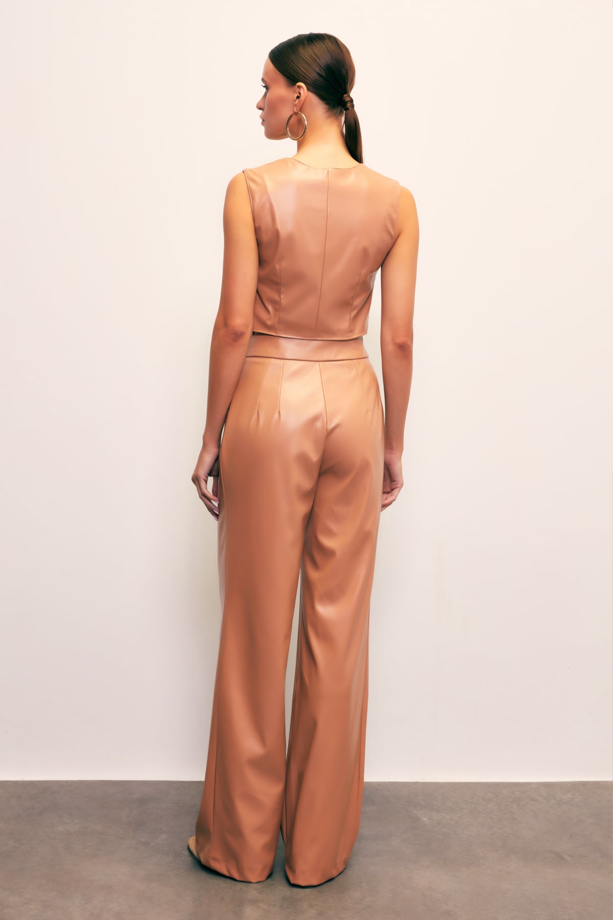 Wide Leg Leather Trousers - BEIGE