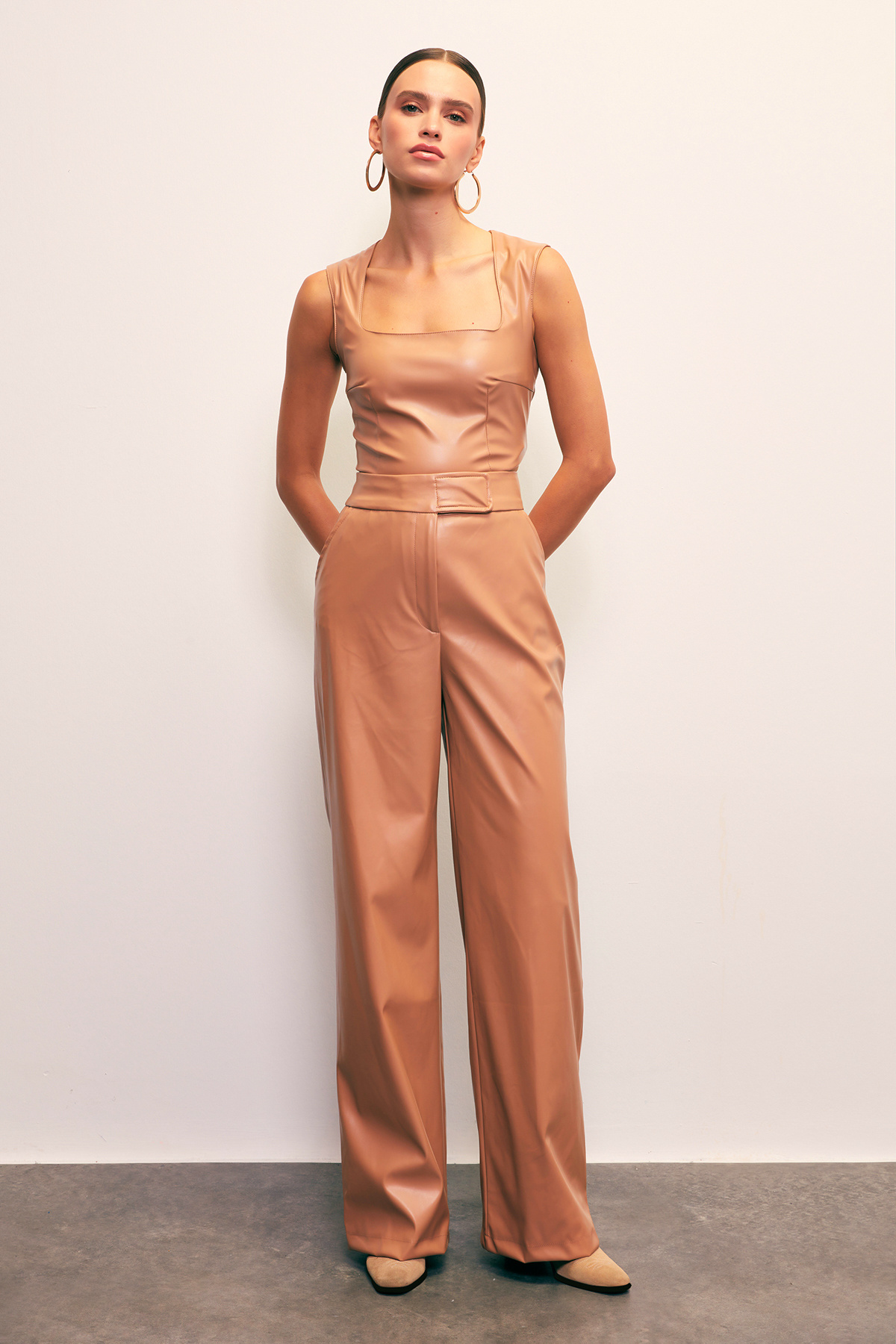 Wide Leg Leather Trousers - BEIGE
